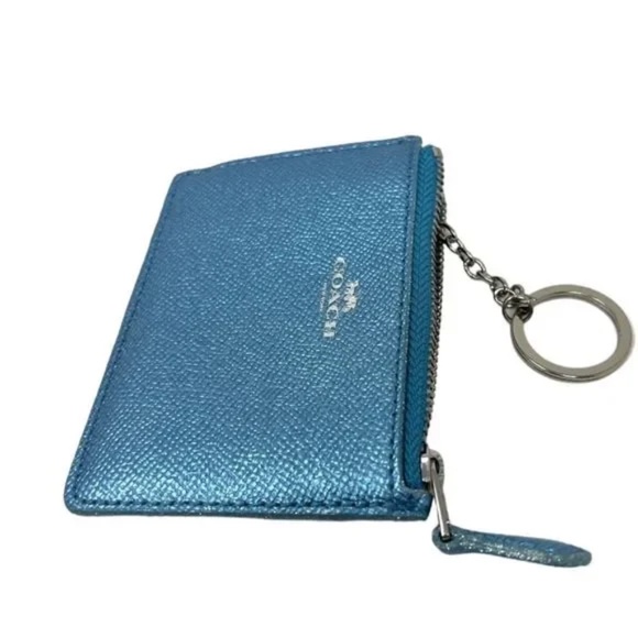 Coach Metallic Blue ID Coin Case with ID window and keychain - Picture 2 of 6